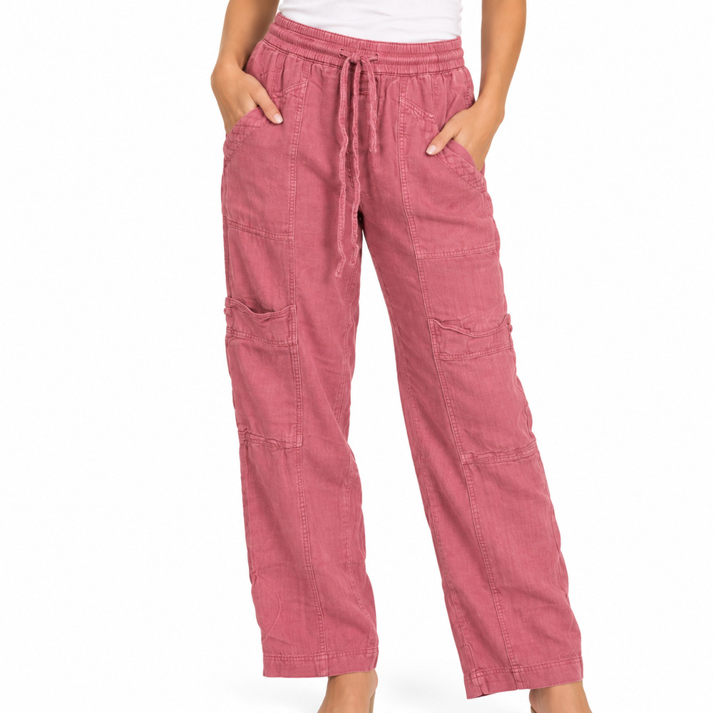 Free People Pink Linen Blend Pull On Cargo Elastic Drawstring Waist Pants sz S